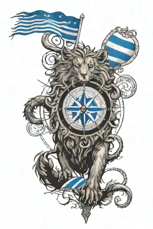 majestic Lyon with thin blue line flag background protecting my family with a nautical compass guiding the way home.  tattoo design idea