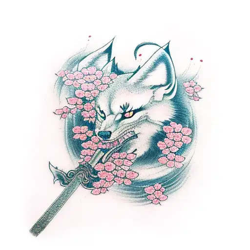 Kitsune Mask with Cherry Blossoms and Sword tattoo design idea