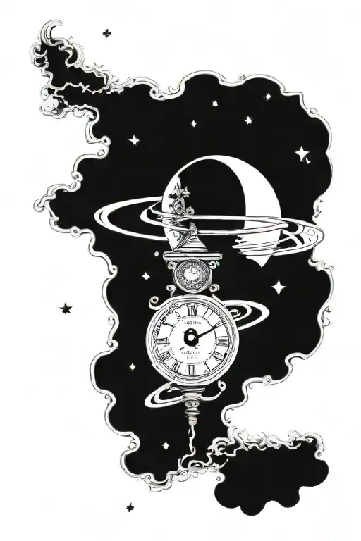 saturn planet, Heaven this Hell,a clock time 19:30 p.m., stars, full moon,smoke,details and shadows  tattoo design idea
