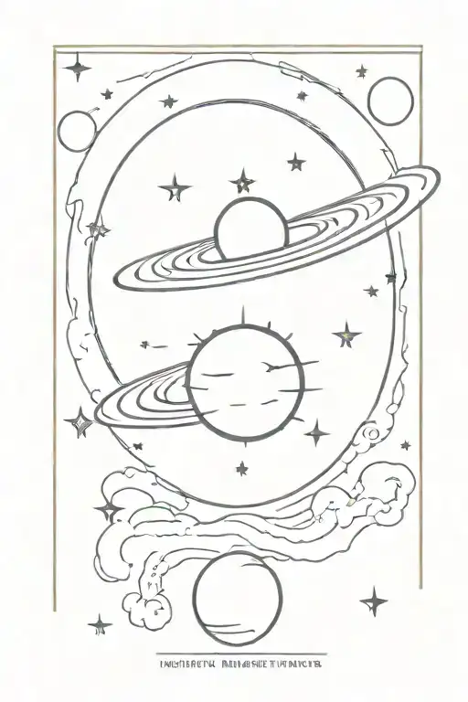 saturn planet, Heaven this Hell,a clock time 19:30 p.m., stars, full moon,smoke,details and shadows tattoo design idea