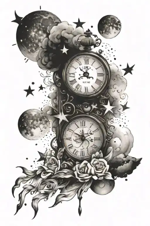 Tattoo on arm: a clock time 19:30 p.m., stars, full moon,smoke,details and shadows tattoo design idea