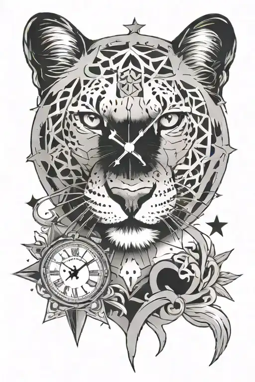 a clock with 19:30, stars and full mouth, black heart, panther, my eyes tattoo design idea