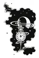 saturn planet, Heaven this Hell,a clock time 19:30 p.m., stars, full moon,smoke,details and shadows  tattoo design idea