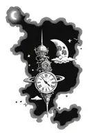 saturn planet, Heaven this Hell,a clock time 19:30 p.m., stars, full moon,smoke,details and shadows  tattoo design idea