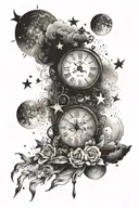 Tattoo on arm: a clock time 19:30 p.m., stars, full moon,smoke,details and shadows tattoo design idea