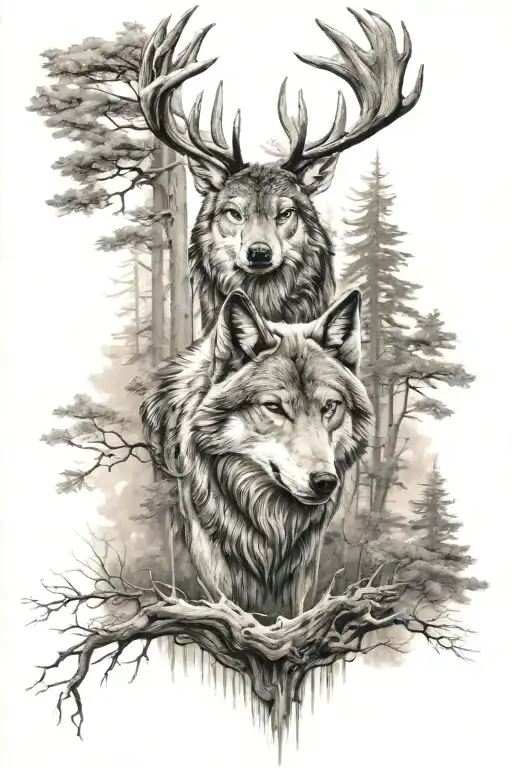 buck and wolf in the woods half sleeve tattoo tattoo design idea
