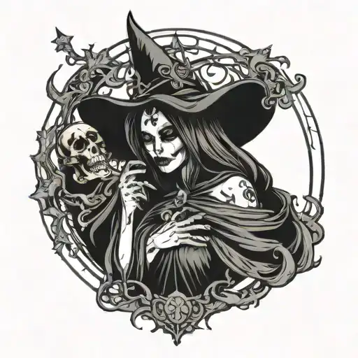 A gothic-style tattoo design featuring a witch with a skeletal face, shrouded in dark, flowing robes. She holds a black  tattoo design idea