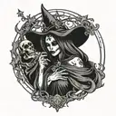 A gothic-style tattoo design featuring a witch with a skeletal face, shrouded in dark, flowing robes. She holds a black  tattoo design idea