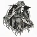 A gothic-style tattoo design featuring a witch with a skeletal face, shrouded in dark, flowing robes. She holds a black  tattoo design idea