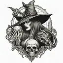 A gothic-style tattoo design featuring a witch with a skeletal face, shrouded in dark, flowing robes. She holds a black  tattoo design idea