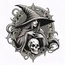 A gothic-style tattoo design featuring a witch with a skeletal face, shrouded in dark, flowing robes. She holds a black  tattoo design idea