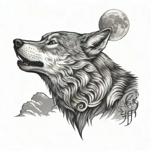 A wolf howling at the moon with a subtle Aries symbol hidden in the background tattoo design idea