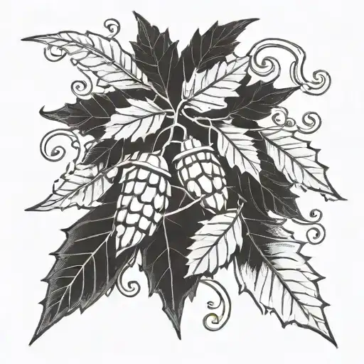 A surrealistic design featuring intertwining oak leaves and acorns, with a hidden message or symbol within the composition tattoo design idea
