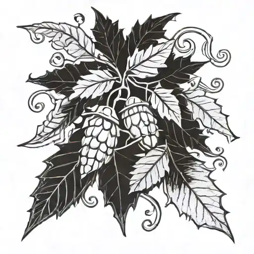 A surrealistic design featuring intertwining oak leaves and acorns, with a hidden message or symbol within the composition tattoo design idea