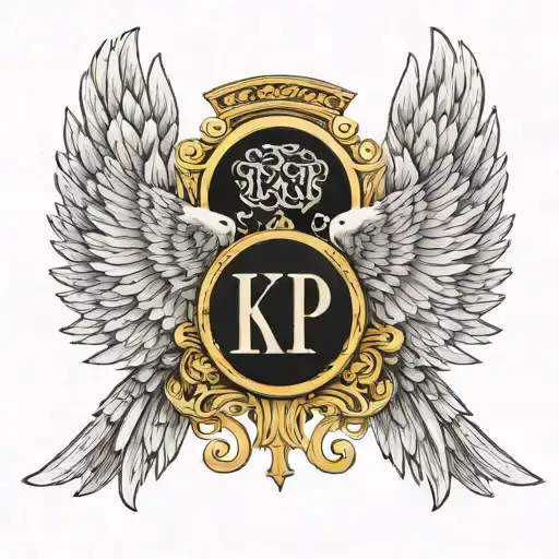 Angel wings with roman numerals and the letters KP tattoo design idea