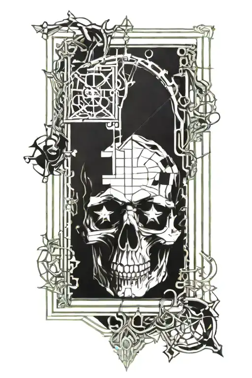 skull through window with gothic candle  tattoo design idea