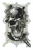 skull through window with gothic candle  tattoo design idea