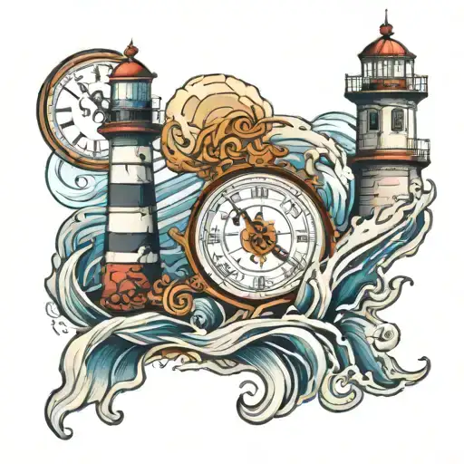 lighthouse with waves crashing, anchor, clock and compass  tattoo design idea