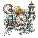 lighthouse with waves crashing, anchor, clock and compass  tattoo design idea