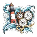 lighthouse with waves crashing, anchor, clock and compass  tattoo design idea