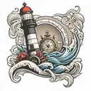 lighthouse with waves crashing, anchor, clock and compass  tattoo design idea