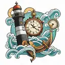 lighthouse with waves crashing, anchor, clock and compass  tattoo design idea