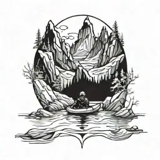 A sketch style tattoo of a majestic glacier landscape with a kayak floating peacefully on the water tattoo design idea