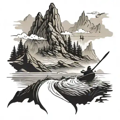 A detailed silhouette of a kayaker navigating through the Misty Mountains from Lord of the Rings tattoo design idea