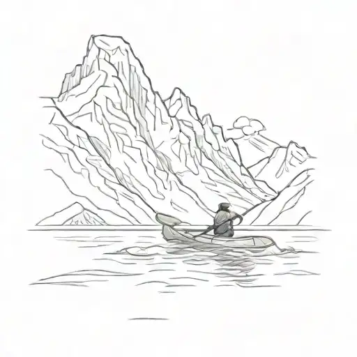 A sketch style tattoo of a majestic glacier landscape with a kayak floating peacefully on the water tattoo design idea