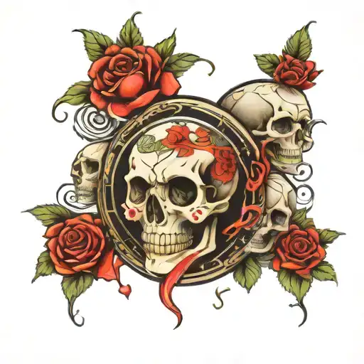 3 clocks skull roses intertwined tattoo design idea