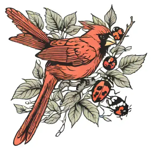 cardinal on a branch with ladybugs crawling tattoo design idea