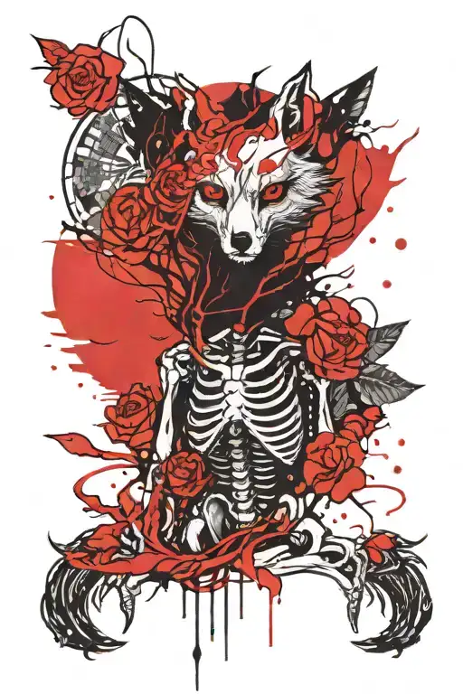Skeleton and fox with red thread around it under the moon and sakura tattoo design idea