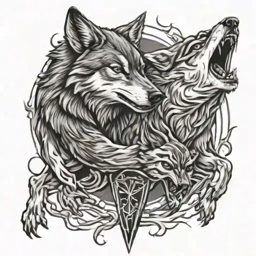 2 wolves fighting tattoo design idea