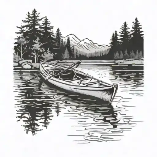 A chill scene of a kayak floating on a tranquil lake surrounded by nature tattoo design idea