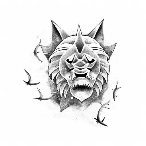 ivy surrounding a shark and lion  tattoo design idea