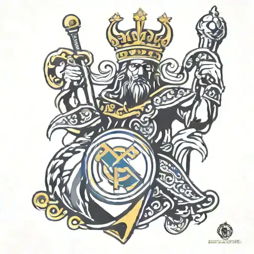 Real Madrid logo, Champions League trophy, viking warrior tattoo design idea