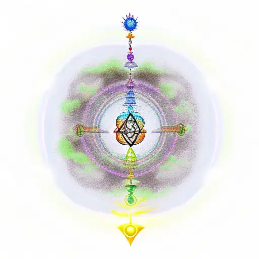 Chakras on cercle with clods on background and jappanese tree tattoo design idea
