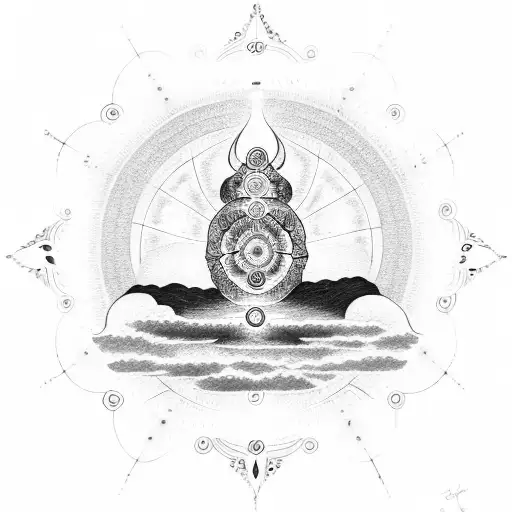 5 chakras in circle and some clouds on background and japanese tree tattoo design idea