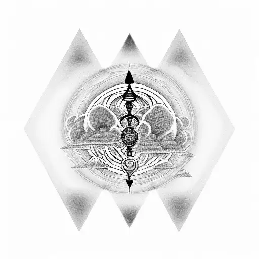 Chakras on cercle with clods on background and jappanese tree tattoo design idea