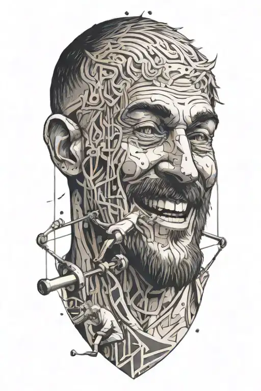 a dynamic composition of a philosopher smiling at a calisthenics athlete on a pull-up bar tattoo design idea