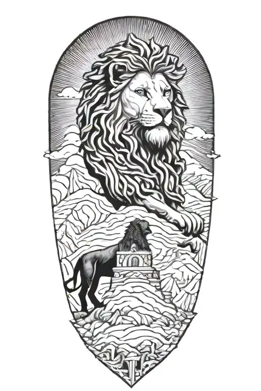 Marcus Aurelius and a Lion standing on a mountain range tattoo design idea
