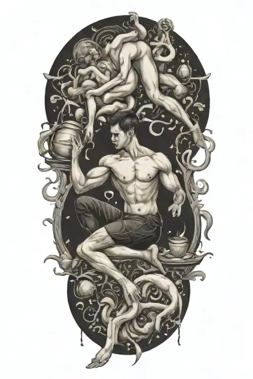 A dynamic composition featuring calisthenics poses intertwined with foreign language symbols, accented with food imagery tattoo design idea