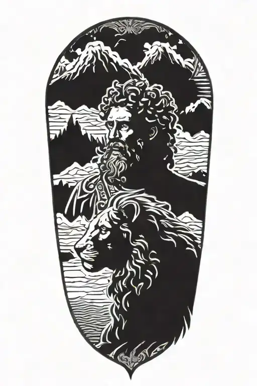 Marcus Aurelius, Job from Book of Job, and a Lion on a mountain  tattoo design idea