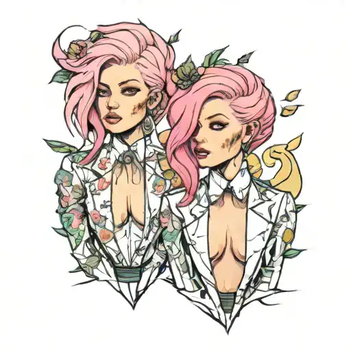 pink haired girls in ripped suits tattoo design idea