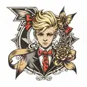 blonde boy in suit with bows and ribbons tattoo design idea