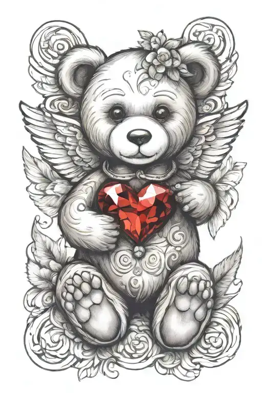create a colourful tattoo design of a Teddy Bear with angel wings and a heart gem tattoo design idea