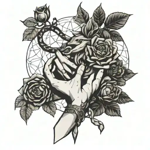 A modern interpretation of Eve's hands holding the forbidden fruit and snake, surrounded by intricate blackwork roses tattoo design idea