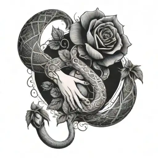 A modern interpretation of Eve's hands holding the forbidden fruit and snake, surrounded by intricate blackwork roses tattoo design idea
