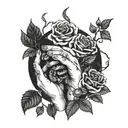 A modern interpretation of Eve's hands holding the forbidden fruit and snake, surrounded by intricate blackwork roses tattoo design idea