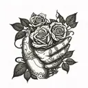 A modern interpretation of Eve's hands holding the forbidden fruit and snake, surrounded by intricate blackwork roses tattoo design idea